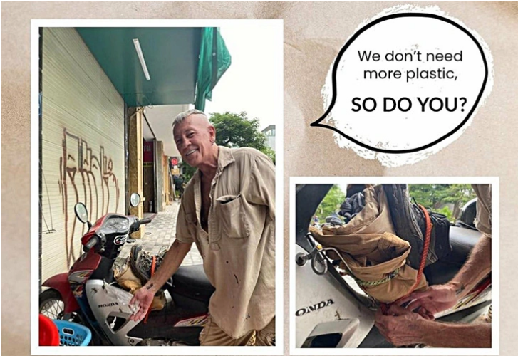 A foreigner happily uses his bag to carry items.