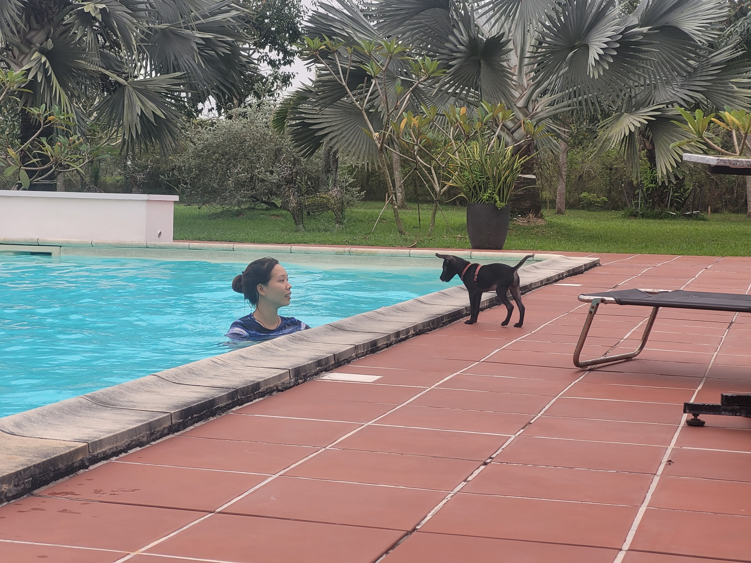 Vu Thi Loan, Kuschert's wife, and the couple's pet dog enjoy their time at a pet friendly resort in Cu Chi District, Ho Chi Minh City. Photo: Ray Kuschert / Tuoi Tre News